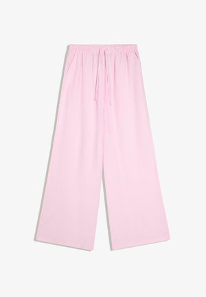 Pantalon large rose clair avec taille élastique et cordon, avec poches latérales, présenté sur fond blanc.
