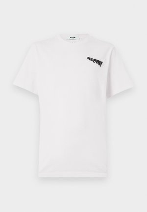 Balta kokvilnas T-kreklu ar īsām piedurknēm, uz kura augšējās kreisās puses ir melns grafiskais attēls "msgm!". Apaļa kakla izgriezuma forma, maiga tekstūra.