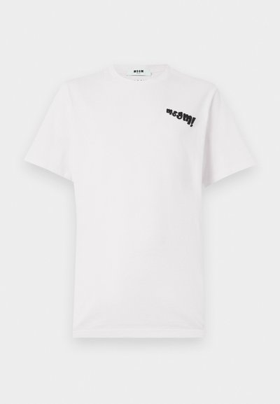 Weißes Baumwoll-T-Shirt mit kurzen Ärmeln, das auf der oberen linken Seite mit dem schwarzen Grafikdruck "msgm!" versehen ist. Rundhalsausschnitt, weiche Textur.