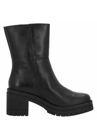 Black leather ankle boot with a textured finish, a round toe, and a chunky block heel. Features a robust rubber sole with traction grooves.