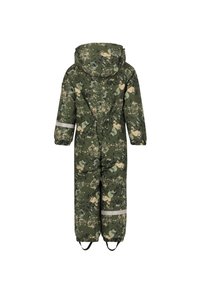 Grøn camouflage-overalls med hætte, lavet af textured stof, har reflekterende striber på ærmer og ben, elastiske manchetter og justerbare støvleremme.