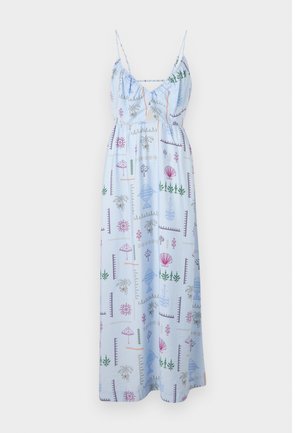 Hele sinine maksikleit õhukeste rihmadega, millel on voltitud rind ja kogu üle pinna värvikas suvetemaatiline trükk taimedest ja kestadest.