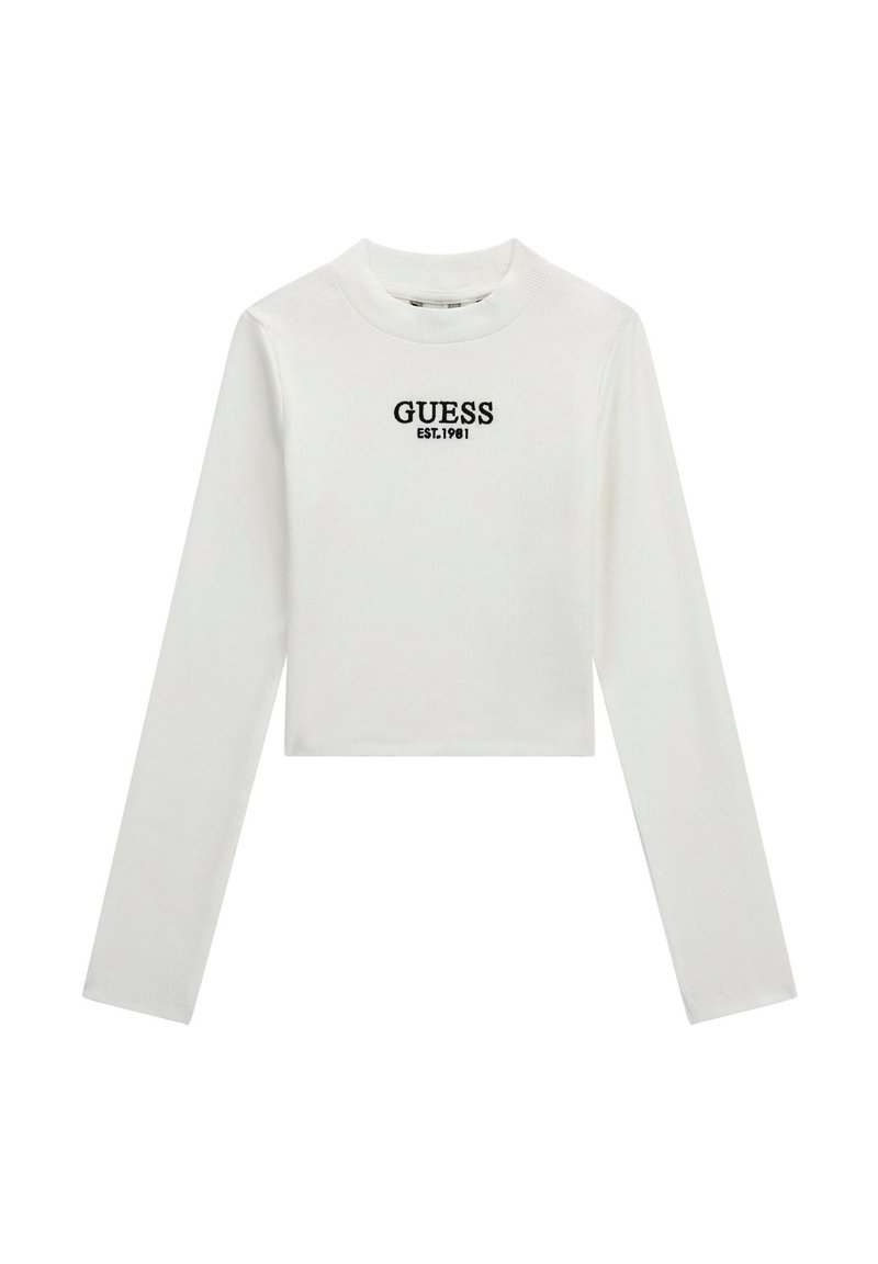 Haut court à manches longues blanc avec texture côtelée, doté d'un logo brodé noir "GUESS EST.1981" à l'avant.