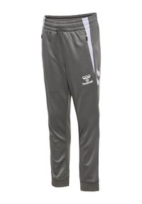 Grijze sportbroek met elastische tailleband, zijritsvakken, witte zijpanelen en een wit hummel-logo op de linker dij.