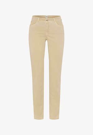 Pantalon beige pour femme, coupe slim, avec poches avant, passants pour ceinture, et fermeture par bouton, présenté sur fond blanc.