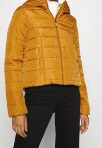 Giacca a vento cropped in giallo senape, con motivo a cuciture orizzontali, zip frontale e due tasche laterali. Struttura liscia, design con cappuccio.