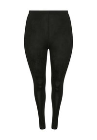 Svarta leggings med en slät textur, hög midja och figurnära design. Tillverkade av elastiskt tyg för komfort och flexibilitet. Inga synliga mönster.