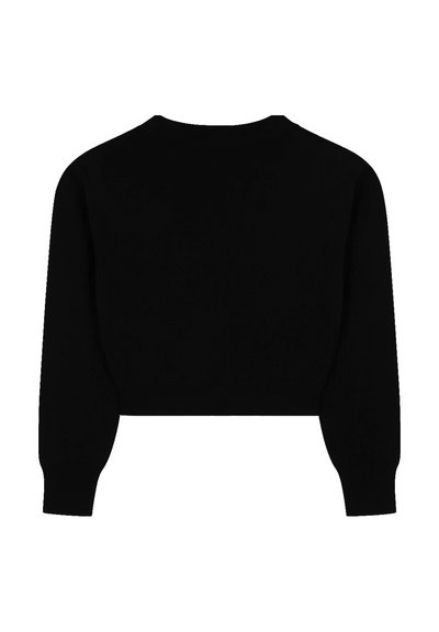 Maglione corto nero realizzato in un morbido tessuto a maglia. Presenta un collo rotondo e maniche lunghe con polsini e orlo a costine.