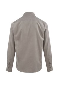 Grå langermet skjorte med krage og knepping, med en enkel, glatt tekstur og detaljer med knapper på mansjettene.