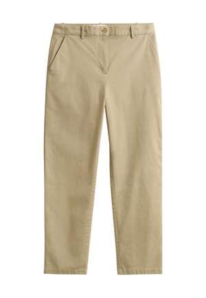 Pantalon beige à coupe droite avec poches avant, passants de ceinture et fermeture à bouton, fabriqué dans un tissu lisse.