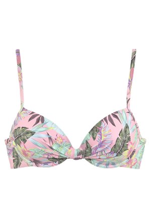 Bikini-Oberteil mit Polsterung, das ein pinkfarbenes Blumenmuster mit grünen und pastellfarbenen Akzenten zeigt. Es verfügt über verstellbare Träger und ein gedrehtes Vorderdesign.
