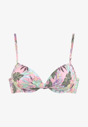 Bikini-Oberteil mit Polsterung, das ein pinkfarbenes Blumenmuster mit grünen und pastellfarbenen Akzenten zeigt. Es verfügt über verstellbare Träger und ein gedrehtes Vorderdesign.