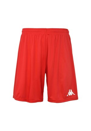 Pantalones cortos deportivos rojos hechos de material sintético, con una cinturilla elástica y un logo blanco de Kappa en el lado izquierdo. Textura suave.