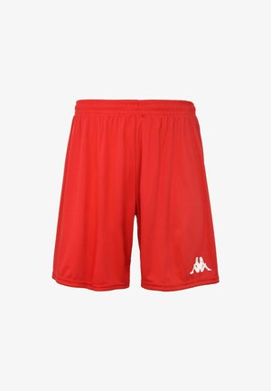 Pantalones cortos deportivos rojos hechos de material sintético, con una cinturilla elástica y un logo blanco de Kappa en el lado izquierdo. Textura suave.