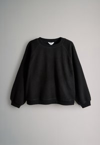 Black long-sleeve fleece pullover with ribbed cuffs, hem, and crew neckline on a plain light gray background.