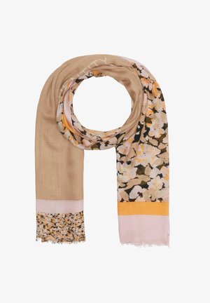 Lightweight scarf featuring a floral print in peach, pink, and black tones, with a beige base and orange-accented edges. Fringed ends.