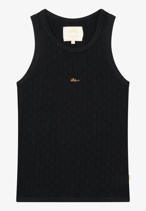 Schwarzes, geripptes Tanktop aus einem strukturierten Stoff, mit einem dezenten goldenen Logo und einem runden Ausschnitt. Etikett an der Rückseite angebracht.