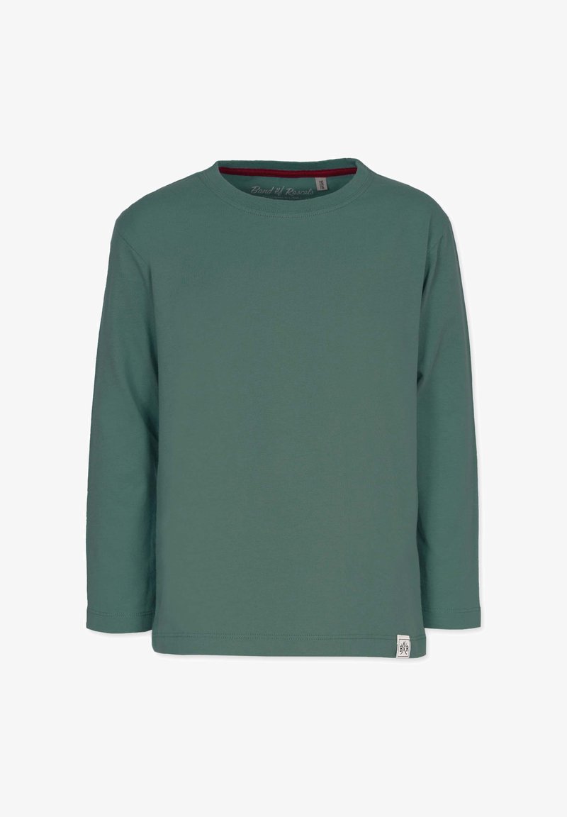 Langärmliges Baumwollhemd in gedämpftem Grün mit Rundhalsausschnitt und dezentem Etikett am unteren linken Rand. Weiche Textur und klassische Passform.