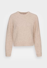 Maglione a maglia beige con scollatura rotonda, maniche lunghe e orlo a costine. Tessuto morbido con un delicato motivo a macchie.