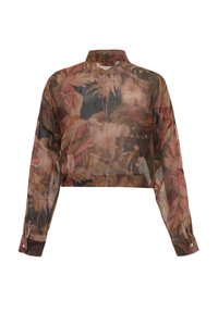 Afskåret, langærmet bluse i let, gennemsigtig stof med et blomstermønster i nuancer af pink, grøn og brun. Der er knaplukning ved manchetten.