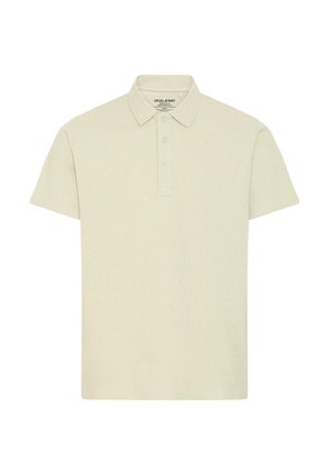 Beige kortærmet polo med tre knapper og krave, ensfarvet design, forfra set mod hvid baggrund.
