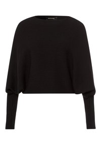 Suéter negro corto de tela acanalada, con un escote amplio y mangas largas y ajustadas, con una textura suave.
