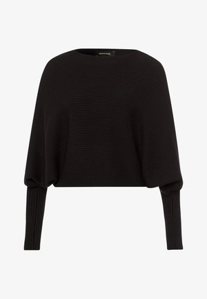 Czarny skrócony sweter wykonany z prążkowanej tkaniny, z szerokim dekoltem i długimi, zwężającymi się rękawami o miękkiej fakturze.