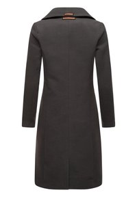 Manteau long en laine gris foncé à coupe droite, manches longues et petite fente au dos, vu de dos.