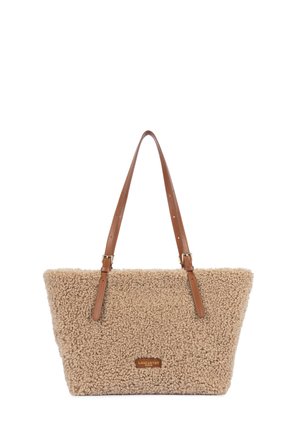 Beige textured tote bag with brown adjustable leather straps and a small Lancaster Paris logo patch on the front center.