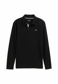 Camiseta polo negra de manga larga con cuello clásico, que presenta un interior de cuello blanco y un logo en el pecho. Textura suave y corte regular.