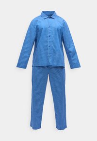 Set de pijama în carouri albastre, compus dintr-o cămașă cu nasturi, guler și mâneci lungi, împreună cu pantaloni lungi asortați, având un imprimeu similar.
