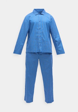 Blå rutiga pyjamas med en knapp-up skjorta med krage och långa ärmar, ihop med matchande långa byxor i ett liknande mönster.