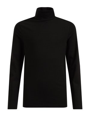 Schwarzes Langarm-Turtleneck-Shirt aus glattem Stoff. Hat ein enganliegendes Design mit einem hohen Kragen und geradem Saum. Schlicht und minimalistisch.