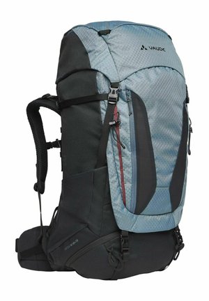 Grande zaino da trekking blu e nero con spallacci imbottiti, più scomparti con cerniera e fibbie regolabili per il supporto.