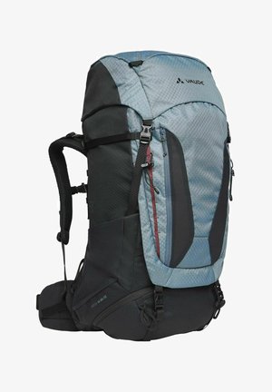 Grote blauwe en zwarte rugzak voor wandelen met gevoerde schouderbanden, meerdere met rits afsluitbare vakken en verstelbare gespen voor ondersteuning.