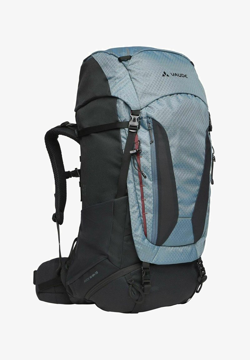 Grand sac à dos de randonnée bleu et noir avec bretelles rembourrées, multiples compartiments zippés et boucles réglables pour un meilleur maintien.