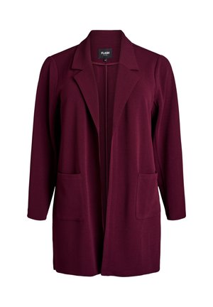 Burgunderfarbener, langer Cardigan aus weichem Stoff mit Reverskragen, offener Front und zwei vorderen Taschen.