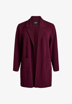 Burgundski dolg cardigan iz mehke tkanine, z izrezanim ovratnikom, odprtim sprednjim delom in dvema sprednjima žepoma.