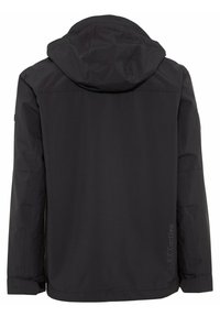 Sort vandtæt jakke med hætte, lange ærmer og en glat tekstur. Inkluderer justerbare manchetter og et diskret logo på siden.