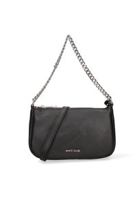Sac à main Marc Ellis en cuir noir avec poignée chaîne en argent, fermeture éclair et une fine sangle en cuir sur le devant.