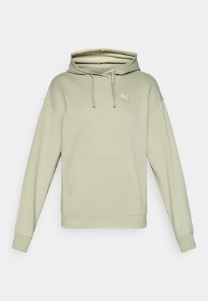 Lysegrønn hettegenser laget av mykt stoff, med en frontlomme, justerbar snorhette og en liten logo-lapp på brystet.