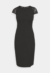 Schwarzes Kleid mit kurzen Spitzen-Schulterärmeln, tailliertem Oberteil und knielangem Rock. Verfügt über einen seitlichen Schlitz und eine glatte Textur. Marke: Even&Odd.