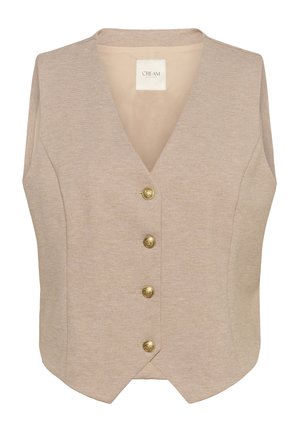 Beežist ilma varrukateta vest V-kaelusega, millel on ees viis kuldset nuppu ja sile tekstuur. Sildil on kiri "CREAM".