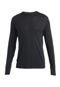 Schwarzes langärmliges Crewneck-Shirt mit slim Fit und glatter Textur, vor einem weißen Hintergrund präsentiert.