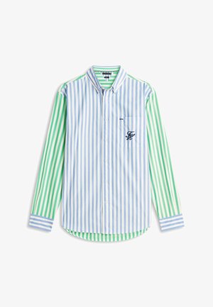 Koszula na guziki z długim rękawem, z pionowymi niebiesko-białymi paskami z przodu oraz zielono-białymi paskami na rękawach i z tyłu, kieszeń z monogramem.