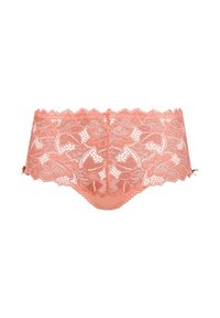 Mutandine bikini in pizzo color pesca con motivo floreale, bordi scallop e un pannello posteriore liscio. Presentano dettagli delicati per un tocco di texture aggiuntivo.
