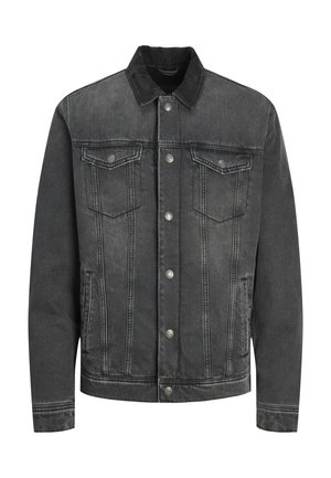 Črna denim jakna z klasičnim ovratnikom, dvema žepoma na prsih in srebrnimi gumbi. Umazana tekstura z vidnimi šivi.