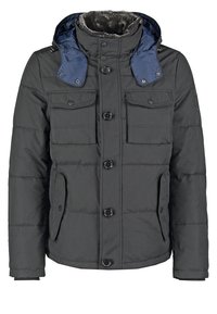 Kurtka puchowa w ciemnoszarym kolorze, z kapturem podszytym niebieskim materiałem, czterema kieszeniami z przodu oraz zapięciem na guziki. Tkanina o fakturze z pikowanym wzorem.