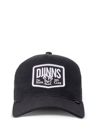 Melna teksturēta cepure ar izliekto malu un acu sānām. Iezīmēta ar baltu uzlīmi, kurā ir "DUNNS Do Noth ING CLUB" logo un dekoratīvi palmas koki.