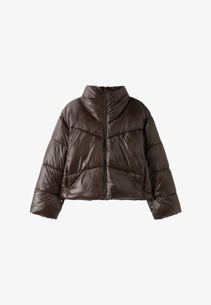 Dunkelbraune glänzende Steppjacke mit hohem Kragen, langen Ärmeln und Reißverschluss vorne, dargestellt vor weißem Hintergrund.